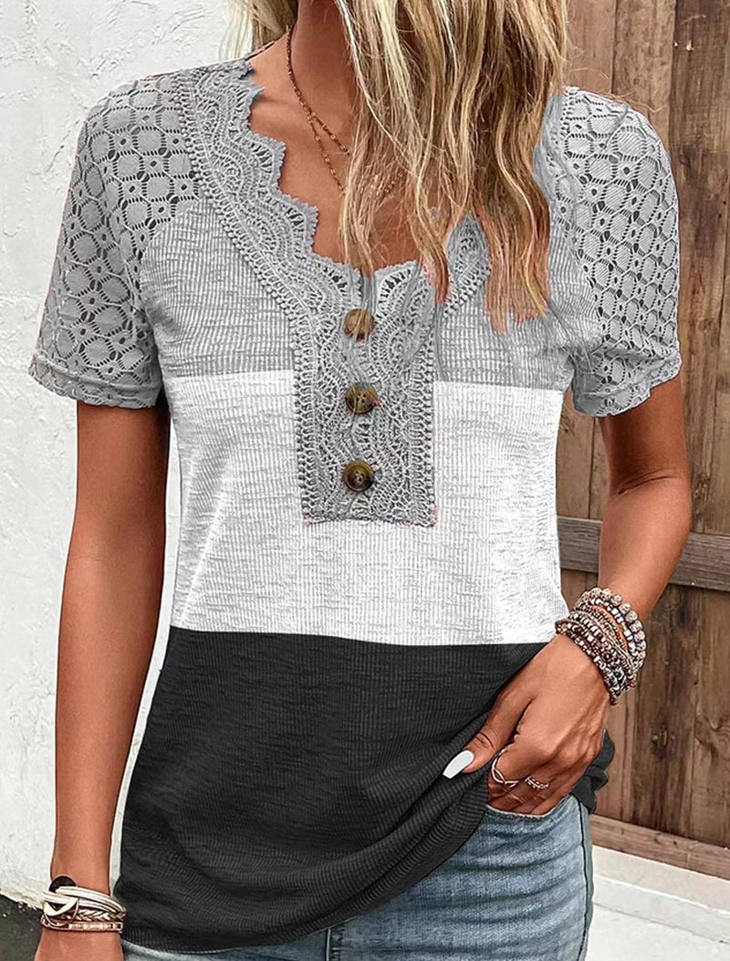 spring new comfortable casual lace stitching V-neck top short sleeve t-shirt