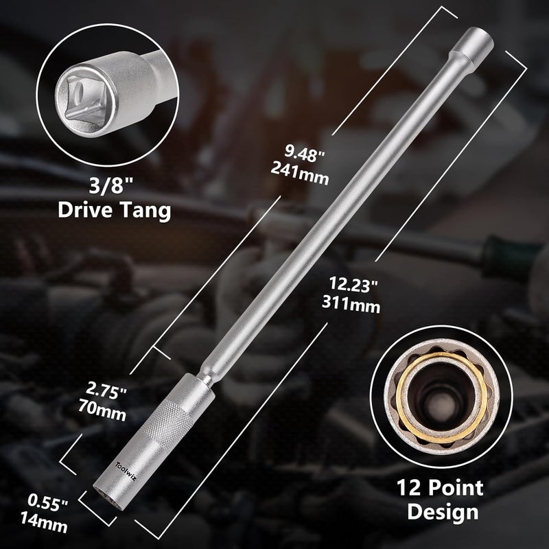 Toolwiz 14mm Spark Plug Socket with 12.2 Inch Extension, 3/8" Drive, 12 Point, 360 Degree Swivel Thin Wall Magnetic Spark Plug Socket Fits for Most Pickups, SUVs - Image 3
