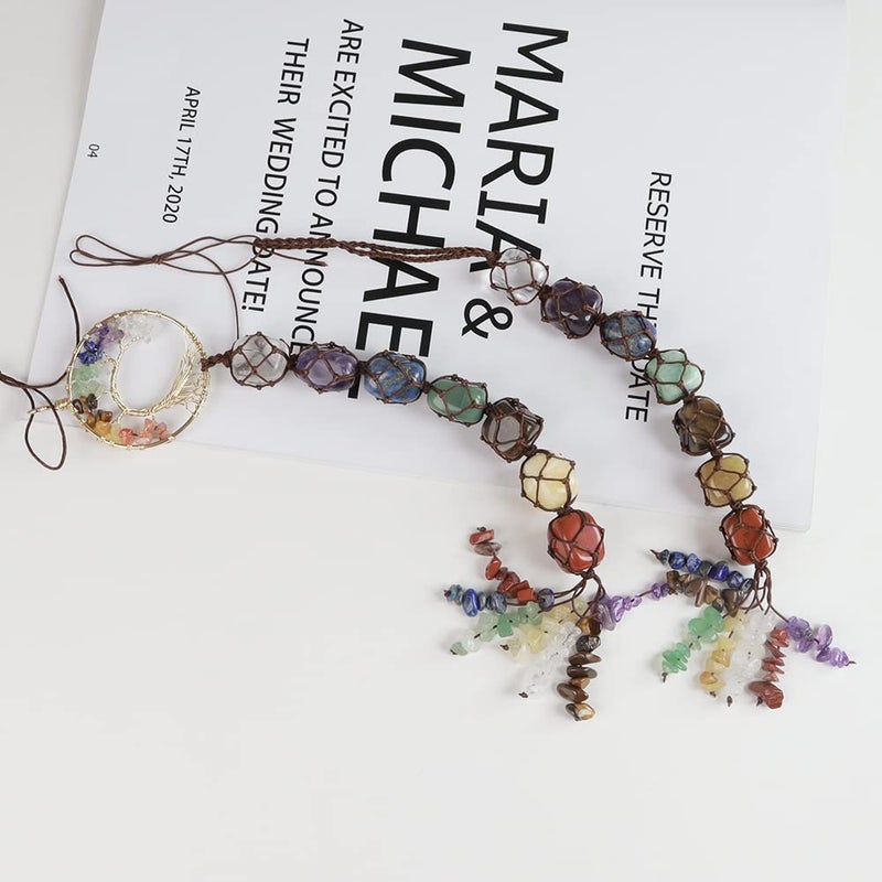 iSTONE 2 Pieces of 7 Chakras Healing Crystals and Tree of Life Wall Hanger Tumbled Gemstones Meditation Hanging Ornament Christmas Tree Memorial Hanging Pendant (Style 1) - Image 3