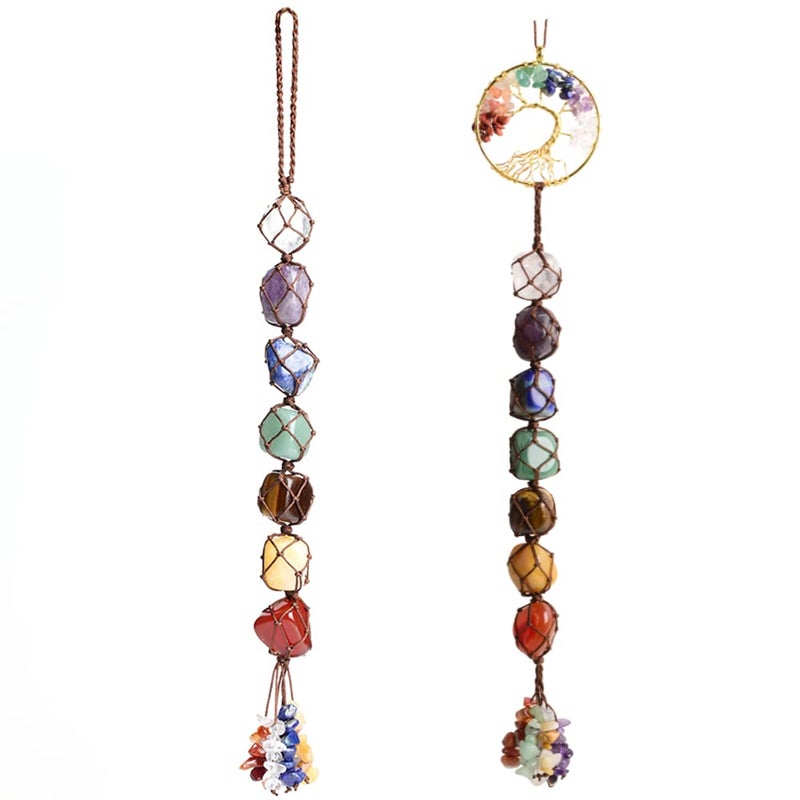iSTONE 2 Pieces of 7 Chakras Healing Crystals and Tree of Life Wall Hanger Tumbled Gemstones Meditation Hanging Ornament Christmas Tree Memorial Hanging Pendant (Style 1) - Image 1