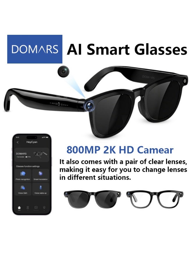 Domars AI Shooting Smart Bluetooth Glasses for Men & Women – 800W Pixel HD Camera, 2K Video Recording, AI Voice Assistant, Noise Canceling, Instant WiFi Transfer, Long-Lasting Battery for Travel, Sports And Office - Image 1