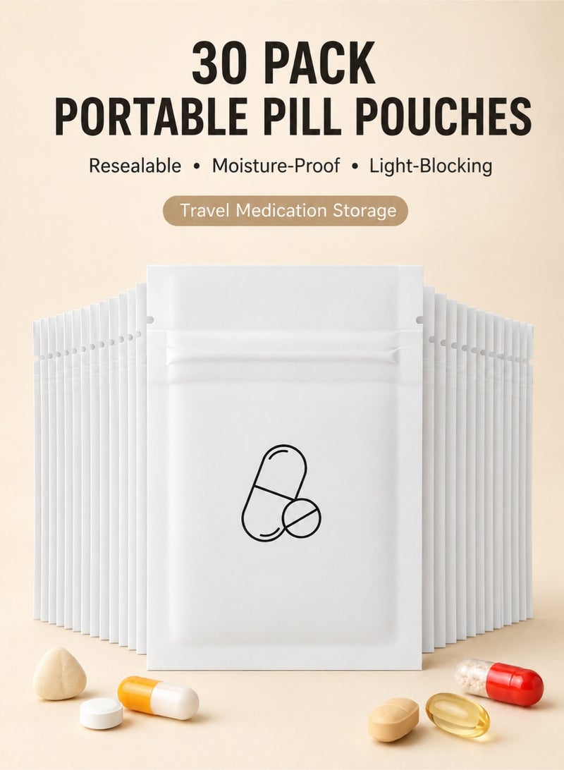 30-Pack Portable Pill Pouches, Resealable Waterproof Medicine Bags, Travel Pill Organizer Sachets, Moisture-Proof Vitamin Storage Bags for Pills, Supplements & First Aid - Image 1