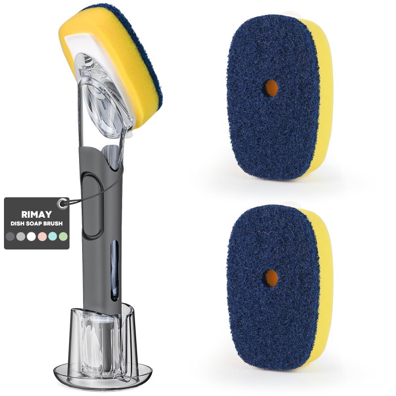 RIMAY Dish Brush with Soap Dispenser Storage Set with 2 PCS Sponge Refills & Holder, Soap Dispensing Dish Brushes, Sponge with Soap Dispenser Handle, Dish Sponges with Handle for Dishes Pans Pots Sink - Image 1
