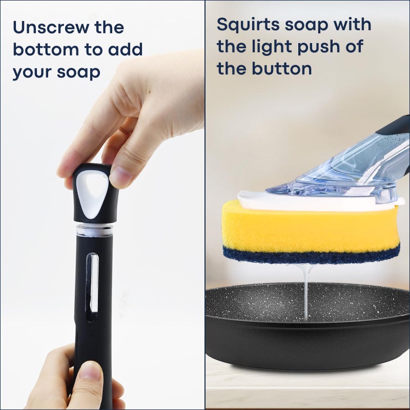 RIMAY Dish Brush with Soap Dispenser Storage Set with 2 PCS Sponge Refills & Holder, Soap Dispensing Dish Brushes, Sponge with Soap Dispenser Handle, Dish Sponges with Handle for Dishes Pans Pots Sink - Image 3