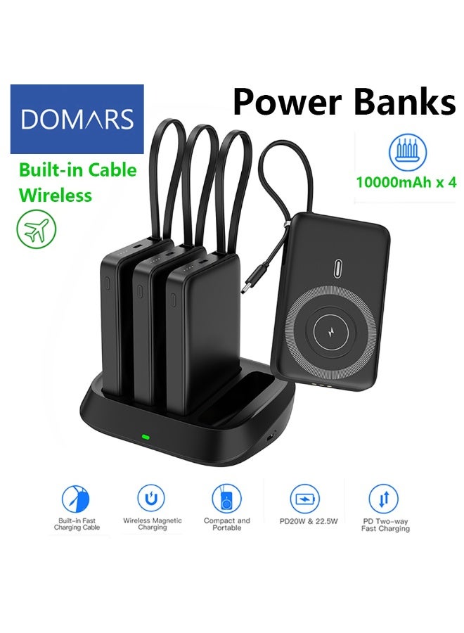 Domars 15W Magnetic Wireless Power Banks Charging Station, 4Pcs 10000mAh Shared Power Bank with Built-in Cables, PD 20W & 22.5W Fast Charging Dock for Restaurant Office,Party Gatherings, Outdoor Camping Etc,for iPhone17/16/15 Series And Android Phones （Black） - Image 1