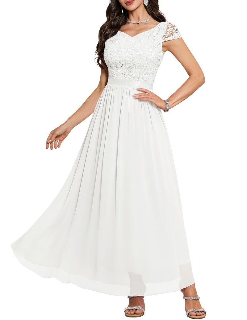 DRESSTELLS Women's Cocktail Dresses, Semi Formal Wedding Guest Modest Mother of Brides Long Party Evening Church Aline Fit Flare Summer Prom Lace Chiffon Dress White XL - Image 1