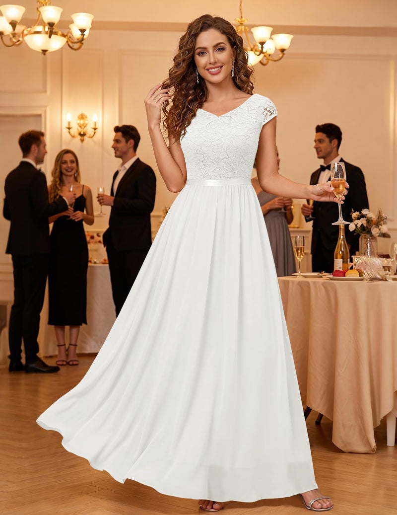 DRESSTELLS Women's Cocktail Dresses, Semi Formal Wedding Guest Modest Mother of Brides Long Party Evening Church Aline Fit Flare Summer Prom Lace Chiffon Dress White XL - Image 3