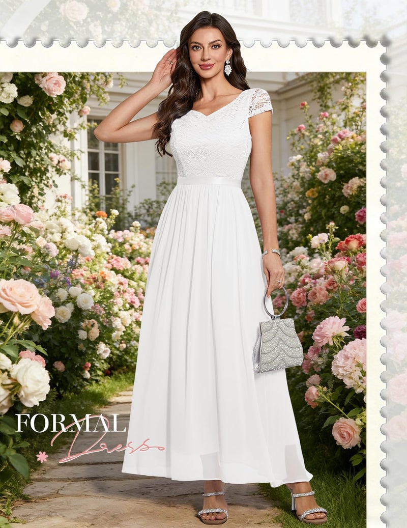 DRESSTELLS Women's Cocktail Dresses, Semi Formal Wedding Guest Modest Mother of Brides Long Party Evening Church Aline Fit Flare Summer Prom Lace Chiffon Dress White XL - Image 5