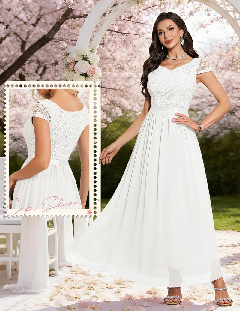 DRESSTELLS Women's Cocktail Dresses, Semi Formal Wedding Guest Modest Mother of Brides Long Party Evening Church Aline Fit Flare Summer Prom Lace Chiffon Dress White XL - Image 4