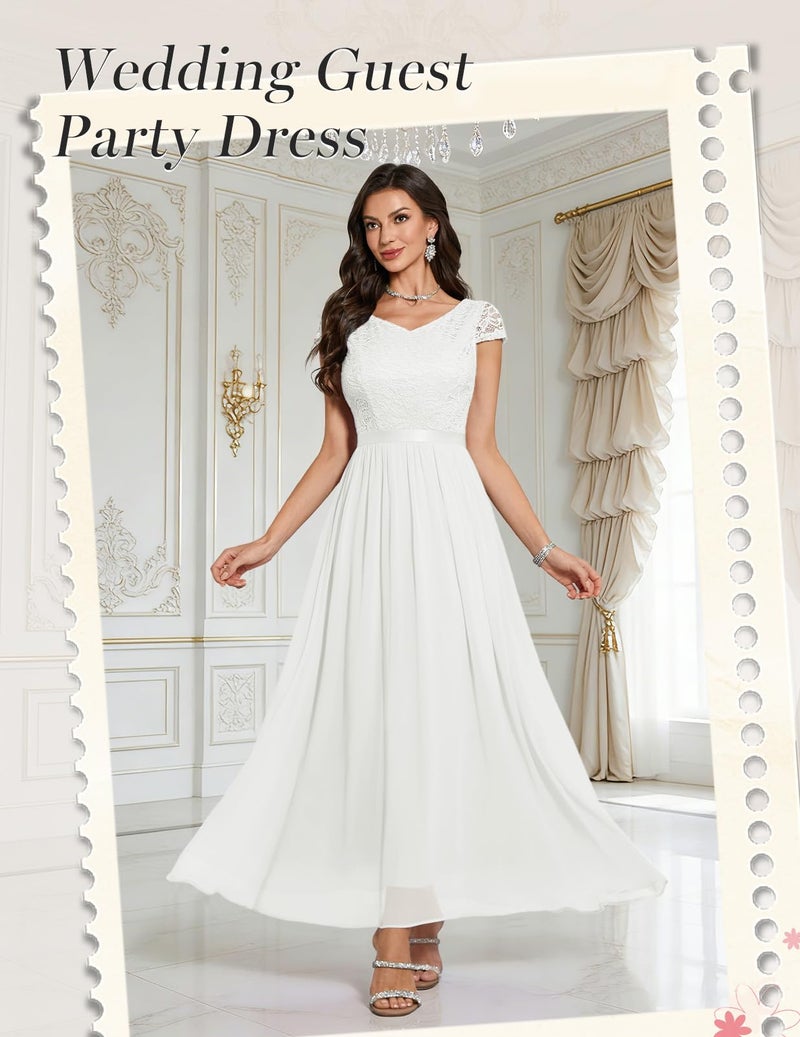 DRESSTELLS Women's Cocktail Dresses, Semi Formal Wedding Guest Modest Mother of Brides Long Party Evening Church Aline Fit Flare Summer Prom Lace Chiffon Dress White XL - Image 2