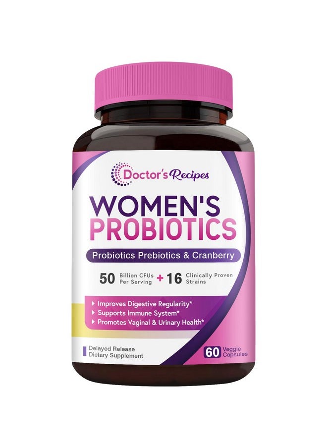 Doctor's Recipes OmniRecipes Probiotic for Women, 60 Caps 50 Billion CFU 16 Strains, with Organic Prebiotics Cranberry for Digestive Immune Vaginal & Urinary Health, Shelf Stable, Delayed Release, No Soy Gluten Dairy  - Image 1