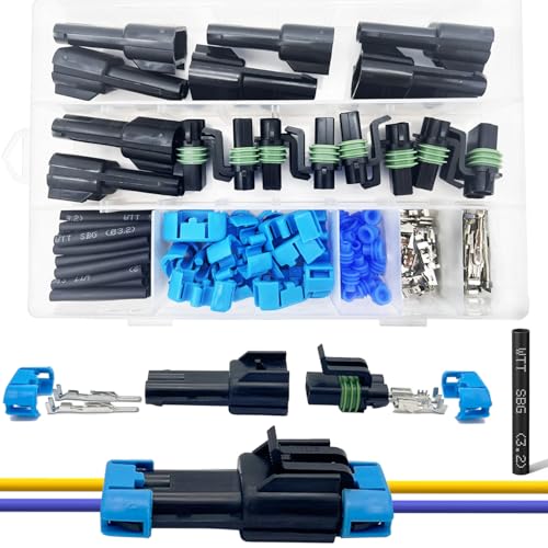 Twippo 14-12 AWG 2 Pin Connector Weather Pack Connectors Kit 2 Wire Automotive Electrical Waterproof Connectors Plug Terminals with 32pcs Shrink Tubing Kit (8 Set) - Image 1