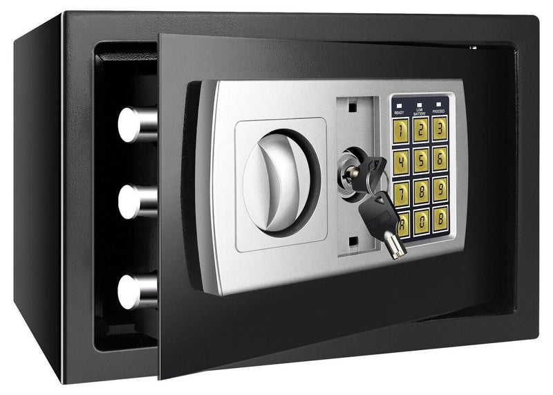 عربست خزنة نقود, صندوق الأمان، صندوق الأمان الإلكتروني مع لوحة مفاتيح رقمية ومفاتيح الطوارئ، خزانة أمان منزلية للأشياء الثمينة والمجوهرات والأموال والمستندات، أسود - Image 1