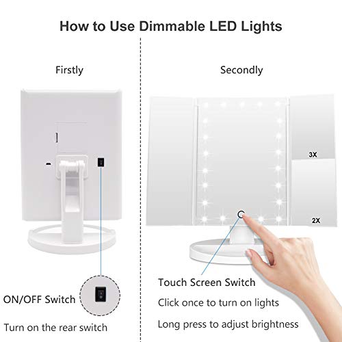 WEILY Makeup Mirror with 21 LED Lights,Two Power Supply Modes, Adjustable Touch Screen and 1x/2x/3x Magnification Tri-Fold Vanity Mirror,Chargeable Travel Cosmetic Mirror for Desktop(White) - Image 5