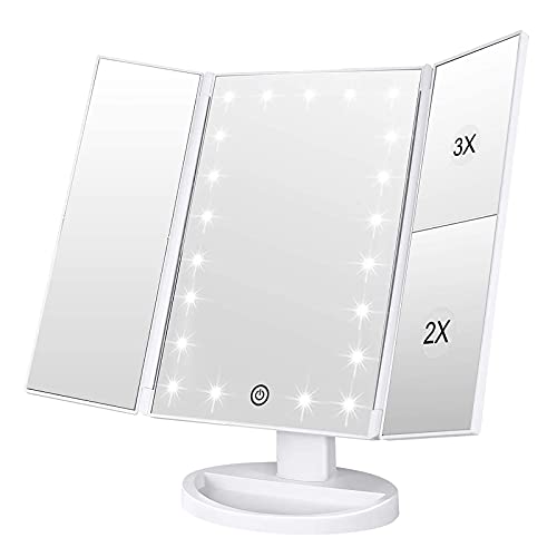 WEILY Makeup Mirror with 21 LED Lights,Two Power Supply Modes, Adjustable Touch Screen and 1x/2x/3x Magnification Tri-Fold Vanity Mirror,Chargeable Travel Cosmetic Mirror for Desktop(White) - Image 1