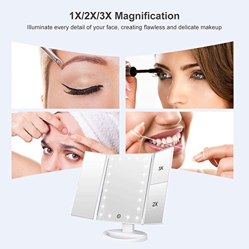 WEILY Makeup Mirror with 21 LED Lights,Two Power Supply Modes, Adjustable Touch Screen and 1x/2x/3x Magnification Tri-Fold Vanity Mirror,Chargeable Travel Cosmetic Mirror for Desktop(White) - Image 3