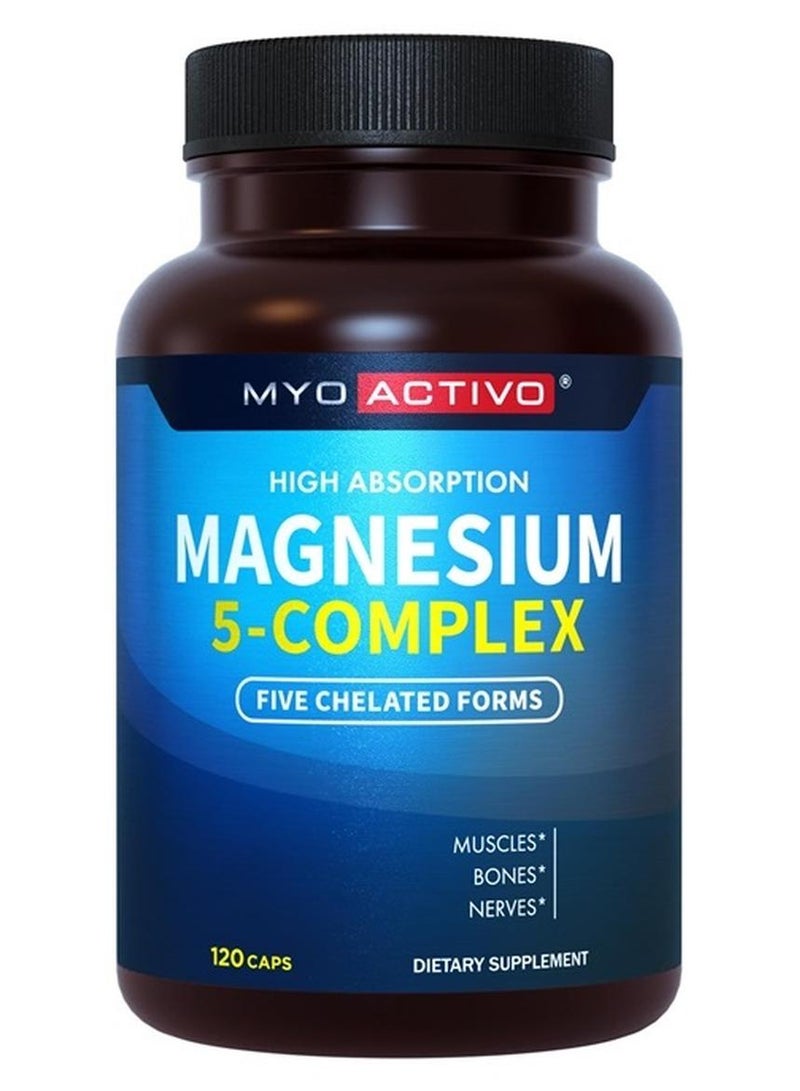 MyoActivo مركب المغنيسيوم 5 في 1 - امتصاص عالي - مغنيسيوم جليسينات، ماليات، سترات، تارات، وأسبارتات للأعصاب، العضلات، العظام | 120 كبسولة | مكمل المغنيسيوم - Image 1