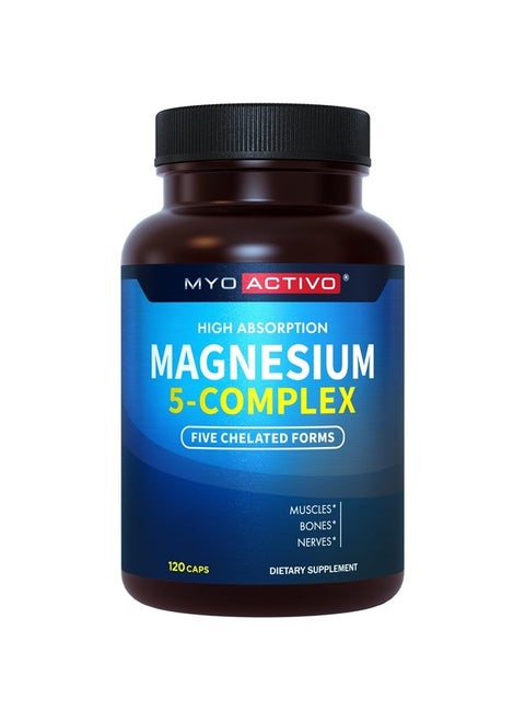 5-in-1 Magnesium Complex - High Absorption - Chelated Magnesium Glycinate, Malate, Citrate, Taurate, & Aspartate for Nerves, Muscles, Bones | 120 Capsules | Magnesium Supplement
