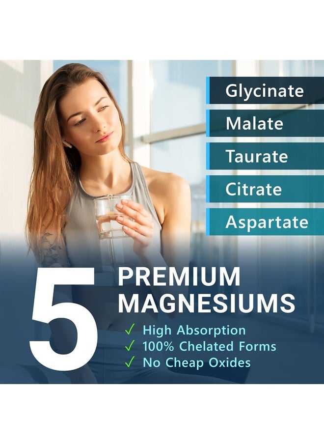 MyoActivo - 5-in-1 Magnesium Complex - High Absorption - Chelated Magnesium Glycinate, Malate, Citrate, Taurate, & Aspartate for Nerves, Muscles, Bones | 120 Capsules | Magnesium Supplement - Image 1