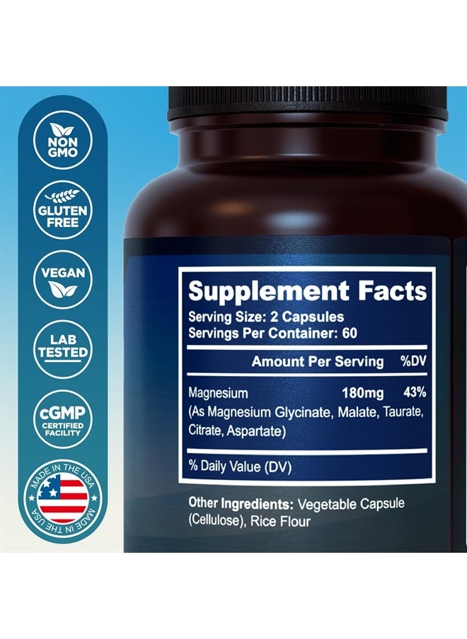 MyoActivo - 5-in-1 Magnesium Complex - High Absorption - Chelated Magnesium Glycinate, Malate, Citrate, Taurate, & Aspartate for Nerves, Muscles, Bones | 120 Capsules | Magnesium Supplement - Image 1