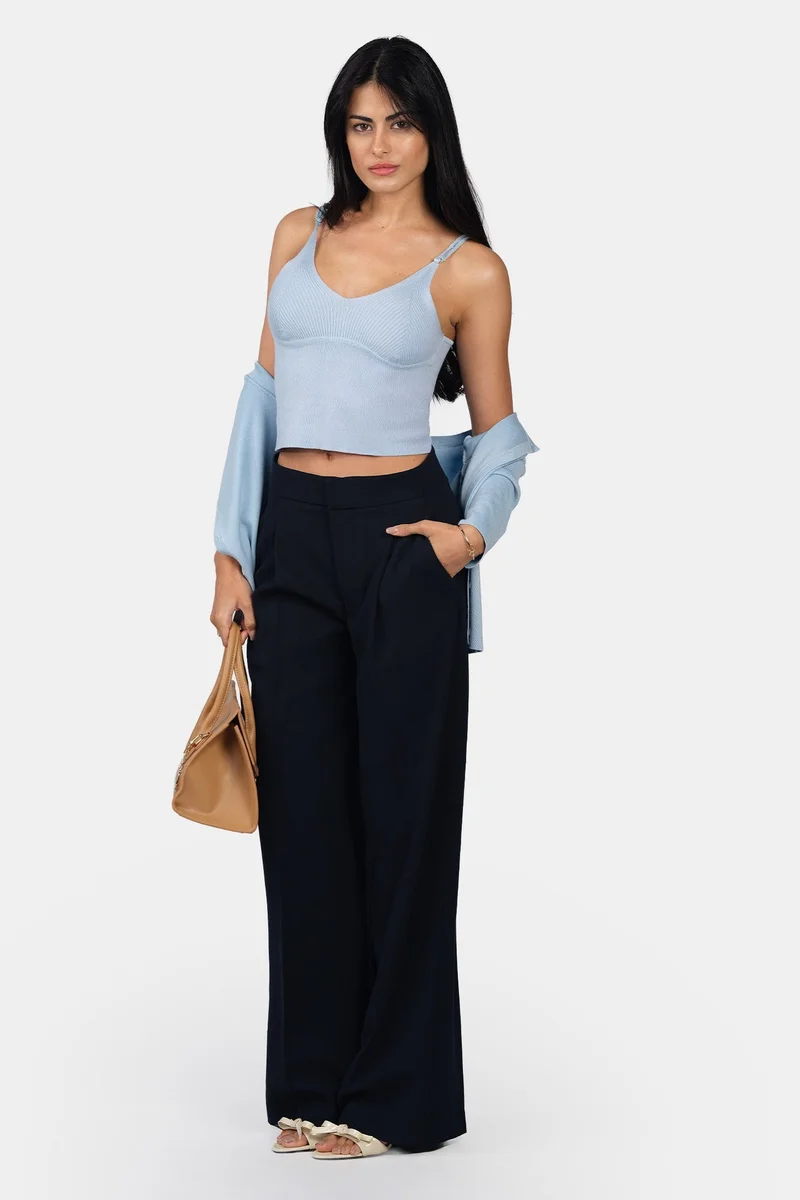 Virgio Blue Self Design Viscose V-Neck Slim Fit Strappy Knit Cami for Women for Women | Best Price UAE
