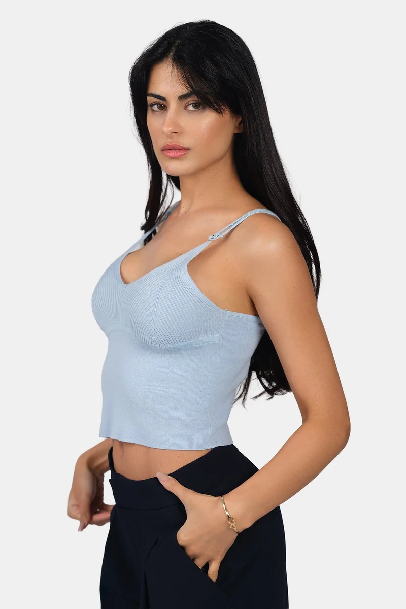 Virgio Blue Self Design Viscose V-Neck Slim Fit Strappy Knit Cami for Women for Women | Best Price UAE