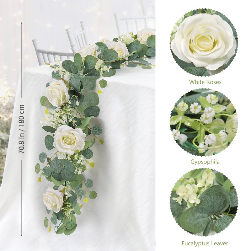 TOCHGREEN 4Pcs(26 Ft) Artificial Eucalyptus Flower Garland with White Rose Flowers Faux Rose Vine Gypsophila Garland Floral Garland Greenery Garland for Party Wedding Table Decor (White  4PCS) - Image 3
