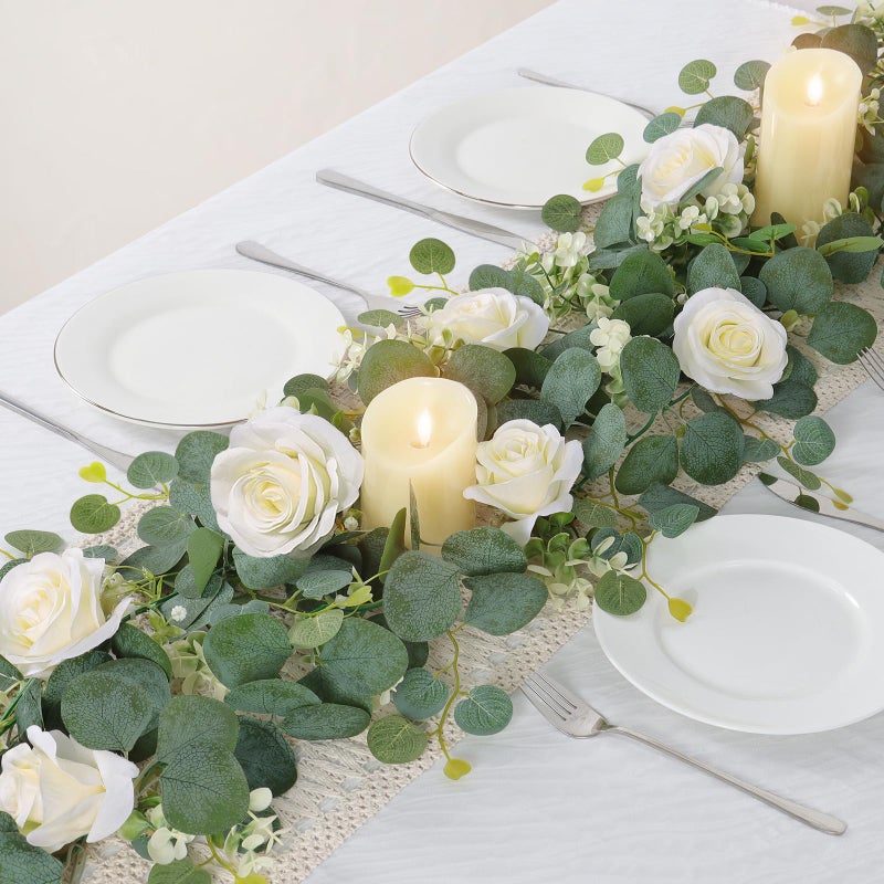 TOCHGREEN 4Pcs(26 Ft) Artificial Eucalyptus Flower Garland with White Rose Flowers Faux Rose Vine Gypsophila Garland Floral Garland Greenery Garland for Party Wedding Table Decor (White  4PCS) - Image 2