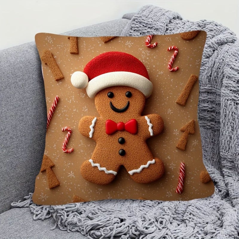16 X 16 Inch Smiling Gingerbread Man Plush Cover Traditional Cookie Design With Icing Details Soft Plush Cover For Sofa Bed Cozy Room Holiday Decor Hand Wash Only Zipper Closure No Insert - Image 2