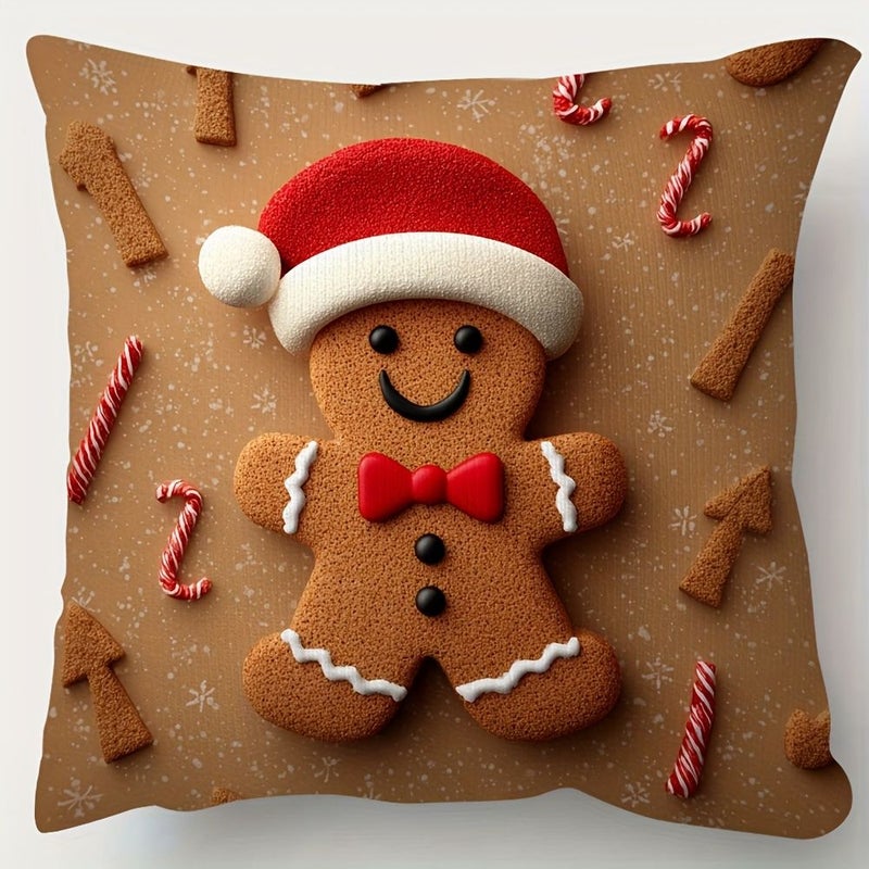 16 X 16 Inch Smiling Gingerbread Man Plush Cover Traditional Cookie Design With Icing Details Soft Plush Cover For Sofa Bed Cozy Room Holiday Decor Hand Wash Only Zipper Closure No Insert - Image 1