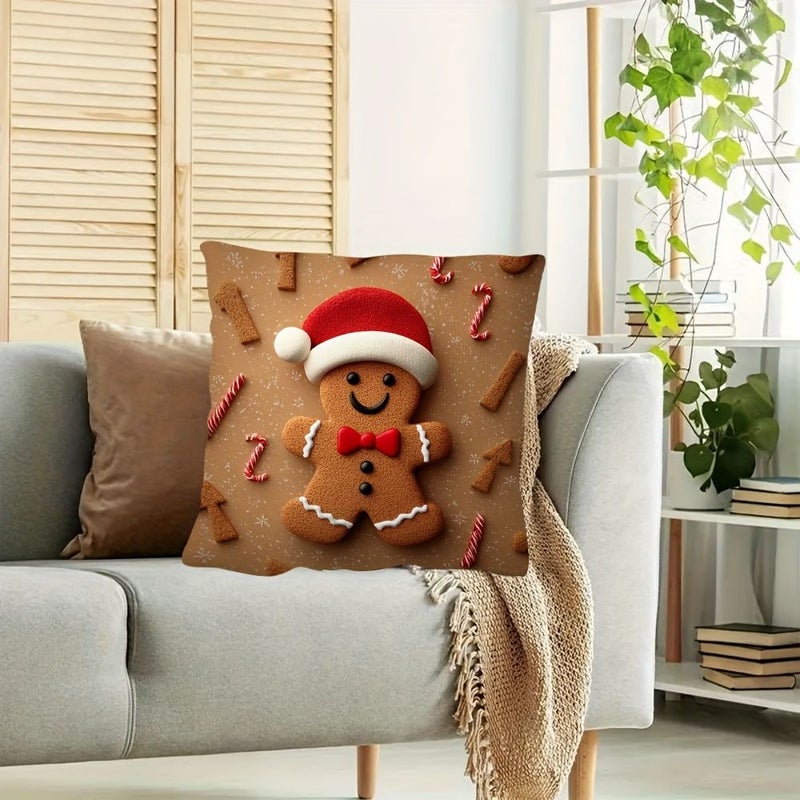 16 X 16 Inch Smiling Gingerbread Man Plush Cover Traditional Cookie Design With Icing Details Soft Plush Cover For Sofa Bed Cozy Room Holiday Decor Hand Wash Only Zipper Closure No Insert - Image 4