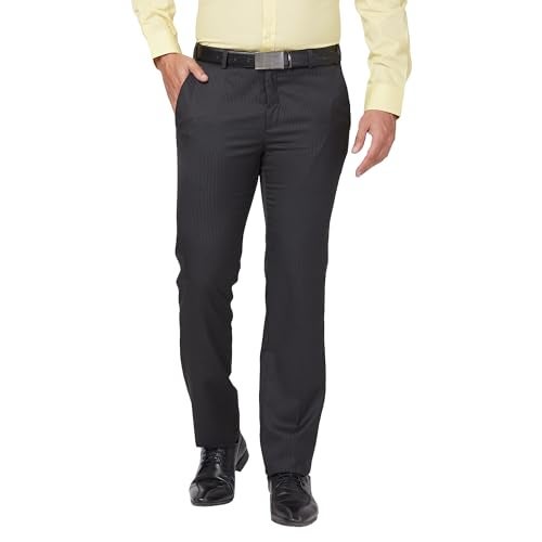 Raymond Men's Striped Slim Fit Mid Rise Formal Trousers, Poly Viscose Blend, Flat Front, Premium Office Black - Image 1