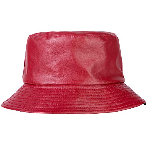 ZLYC Unisex Fashion Bucket Hat PU Leather Rain Hat Waterproof (Red) - Image 1
