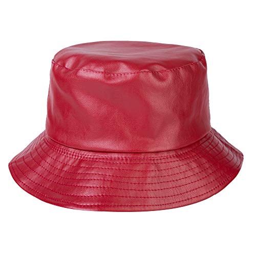 ZLYC Unisex Fashion Bucket Hat PU Leather Rain Hat Waterproof (Red) - Image 3