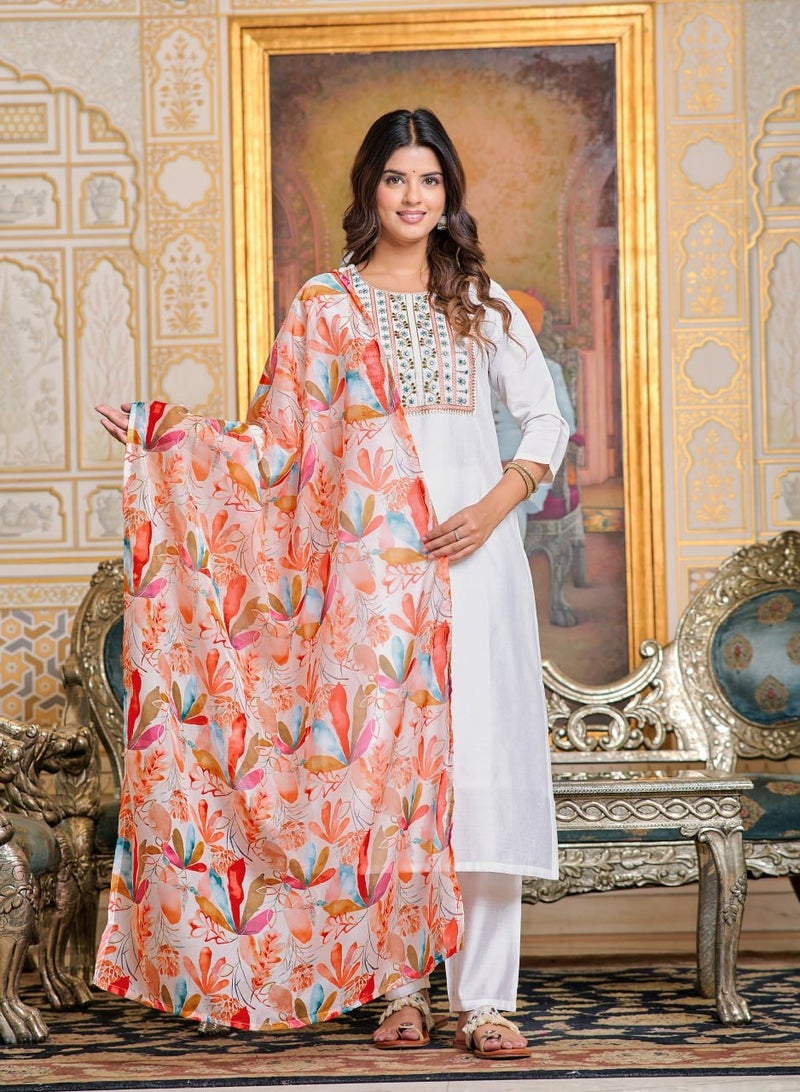 Women Chanderi White Kurta with Pant and Digital Print Dupatta Set  - Image 1