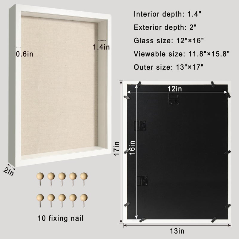 CCDCC 12x16 Large Shadow Box Picture Frame Display Case with Soft Linen Back, White Wooden Memory Shadow Box Frame with Tempered Glass Cover for Wall Display - Image 5