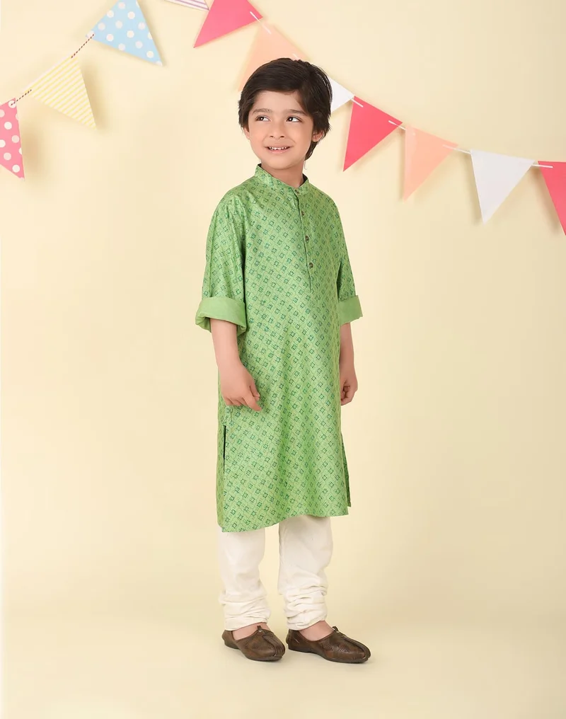 Fabindia Green Viscose Blend Hand Block Printed Long Kurta