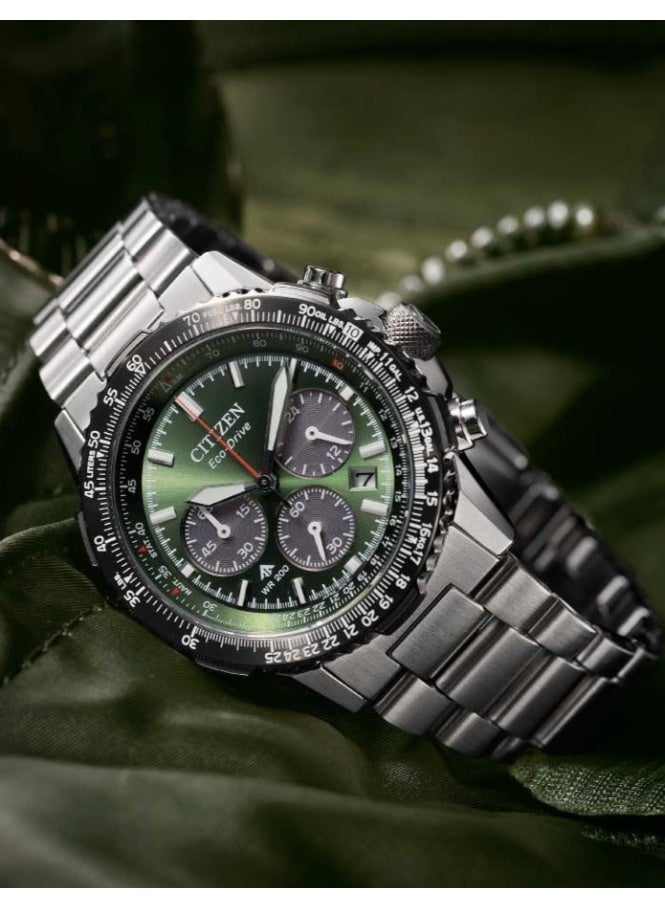 سيتيزن Promaster Sky Navihawk Eco-Drive Chronograph Men's Watch CA4664-60E, 40 mm Green Dial, Stainless Steel Case & Bracelet, 200 m WR - Image 1