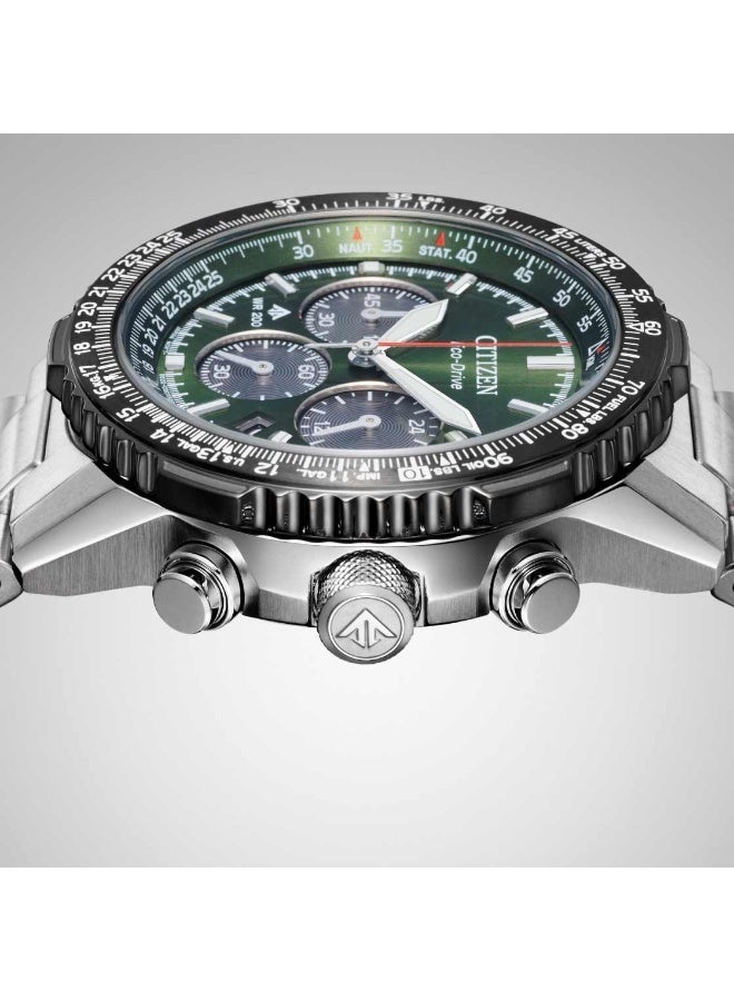 سيتيزن Promaster Sky Navihawk Eco-Drive Chronograph Men's Watch CA4664-60E, 40 mm Green Dial, Stainless Steel Case & Bracelet, 200 m WR - Image 3