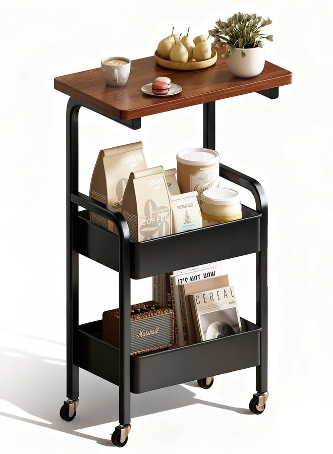 MASHART 3 Tier Metal Rolling Utility Cart Organizer with Walnut Table Top, Stable and Sturdy Rolling Storage Carts with 2 Lockable Wheels for Kitchen，Bathroom，Snacks，Coffee，Craft，Makeup，Baby Essentials - Image 1