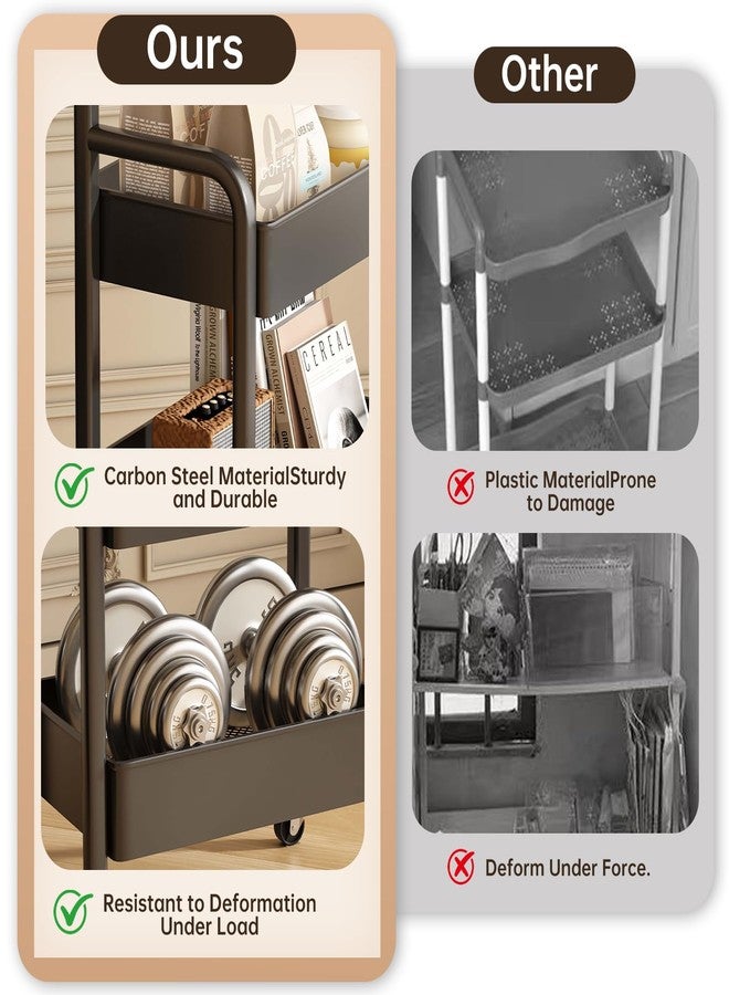 MASHART 3 Tier Metal Rolling Utility Cart Organizer with Walnut Table Top, Stable and Sturdy Rolling Storage Carts with 2 Lockable Wheels for Kitchen，Bathroom，Snacks，Coffee，Craft，Makeup，Baby Essentials - Image 4