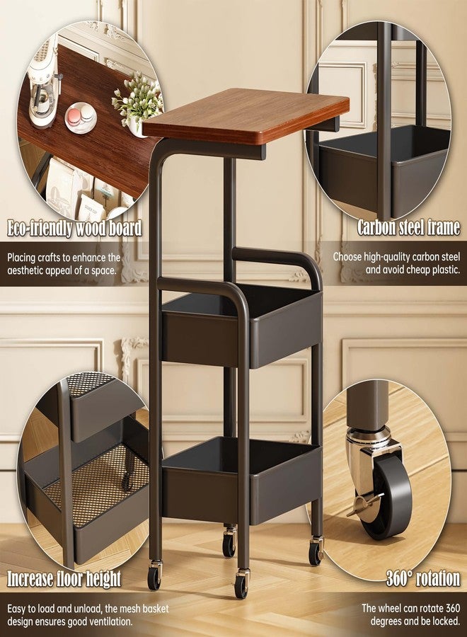 MASHART 3 Tier Metal Rolling Utility Cart Organizer with Walnut Table Top, Stable and Sturdy Rolling Storage Carts with 2 Lockable Wheels for Kitchen，Bathroom，Snacks，Coffee，Craft，Makeup，Baby Essentials - Image 2