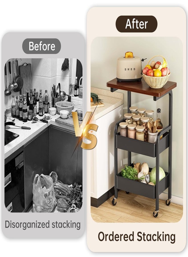 MASHART 3 Tier Metal Rolling Utility Cart Organizer with Walnut Table Top, Stable and Sturdy Rolling Storage Carts with 2 Lockable Wheels for Kitchen，Bathroom，Snacks，Coffee，Craft，Makeup，Baby Essentials - Image 3