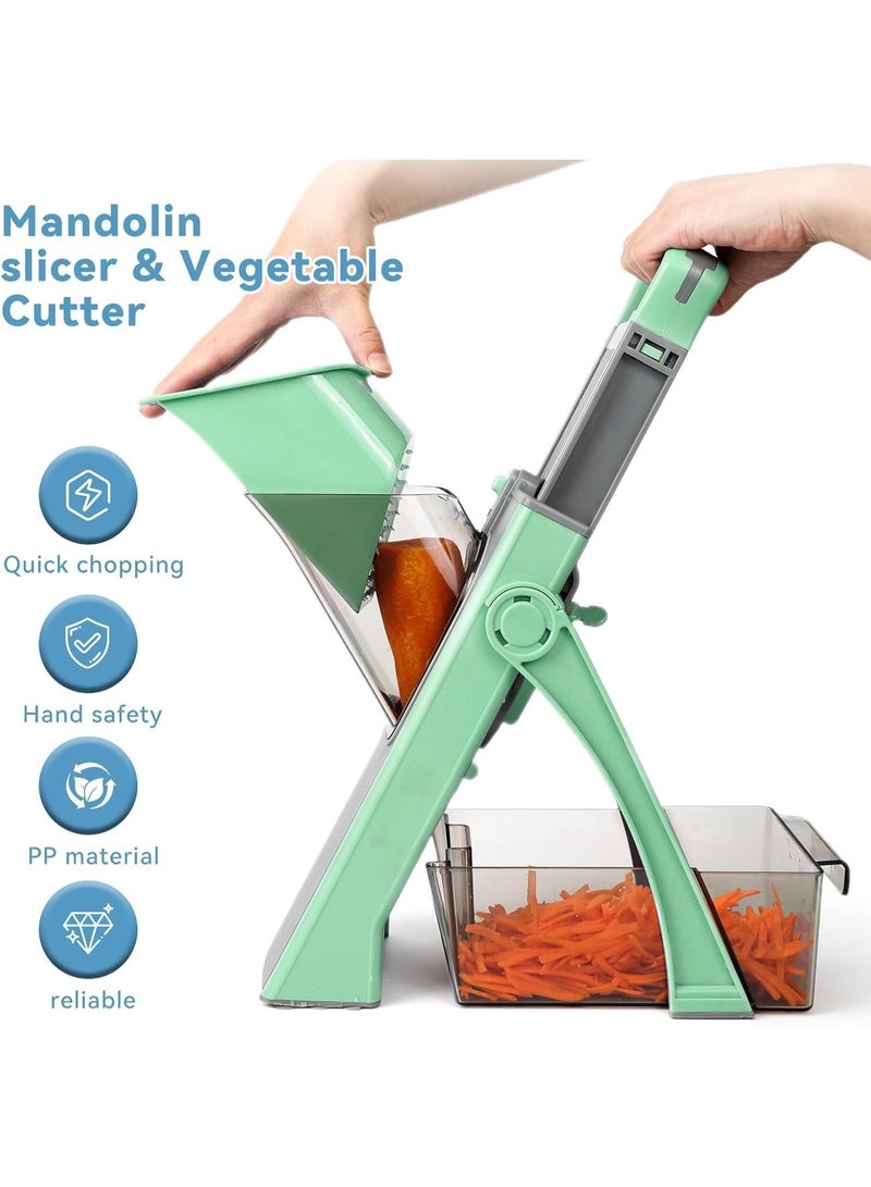 قطاعة الخضار ومفرمة الطعام من نوع afe Mandoline - متعددة الوظائف، 40 وضعًا، قابلة لتعديل السماكة، لتقطيع البطاطس المقلية - قطاعة مطبخ قابلة للطي بشفرات مخفية، حاوية طعام وفرشاة تنظيف (أخضر/رمادي) - Image 2