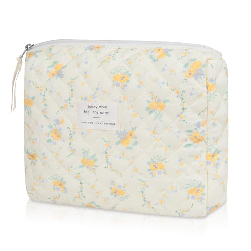 Gosect Floral Makeup Bag, Small Cosmetic Bag for Women Girls, Cute Cotton Makeup Bag, Quilted Makeup Bags, Flower Travel Toiletry Organizer Bag(Yellow Flowers) - Image 1