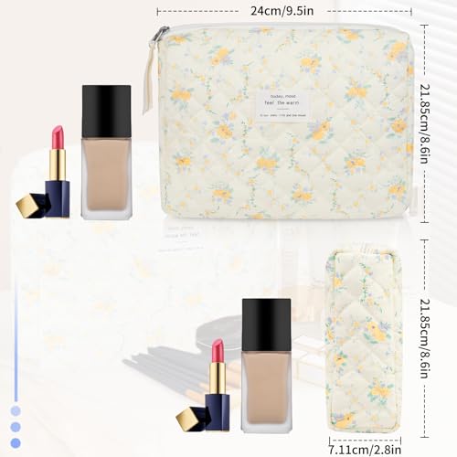 Gosect Floral Makeup Bag, Small Cosmetic Bag for Women Girls, Cute Cotton Makeup Bag, Quilted Makeup Bags, Flower Travel Toiletry Organizer Bag(Yellow Flowers) - Image 2