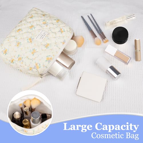 Gosect Floral Makeup Bag, Small Cosmetic Bag for Women Girls, Cute Cotton Makeup Bag, Quilted Makeup Bags, Flower Travel Toiletry Organizer Bag(Yellow Flowers) - Image 3