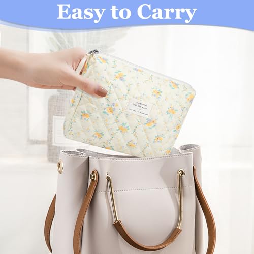 Gosect Floral Makeup Bag, Small Cosmetic Bag for Women Girls, Cute Cotton Makeup Bag, Quilted Makeup Bags, Flower Travel Toiletry Organizer Bag(Yellow Flowers) - Image 4