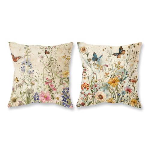 TAJWE Spring Floral Pillow Covers 18x18 Inch Set of 2 Wild Flowers Plant Butterfly Decorative Pillowcases Farmhouse Summer Seasonal Cushion Cases for Sofa Couch Home Decor - Image 1