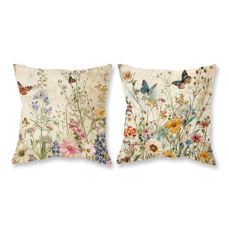 TAJWE Spring Floral Pillow Covers 18x18 Inch Set of 2 Wild Flowers Plant Butterfly Decorative Pillowcases Farmhouse Summer Seasonal Cushion Cases for Sofa Couch Home Decor - Image 2